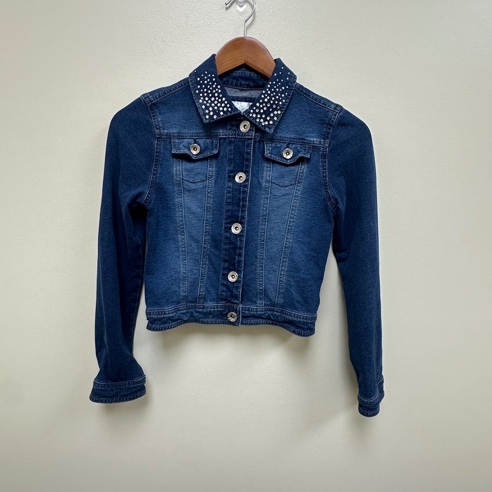 Justice Girls Denim Jacket Blue Rhinestone Collar Cropped Jean Trucker Size 12